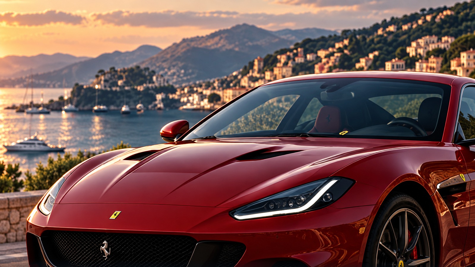 Red grand tourer on a coastal road above a harbour