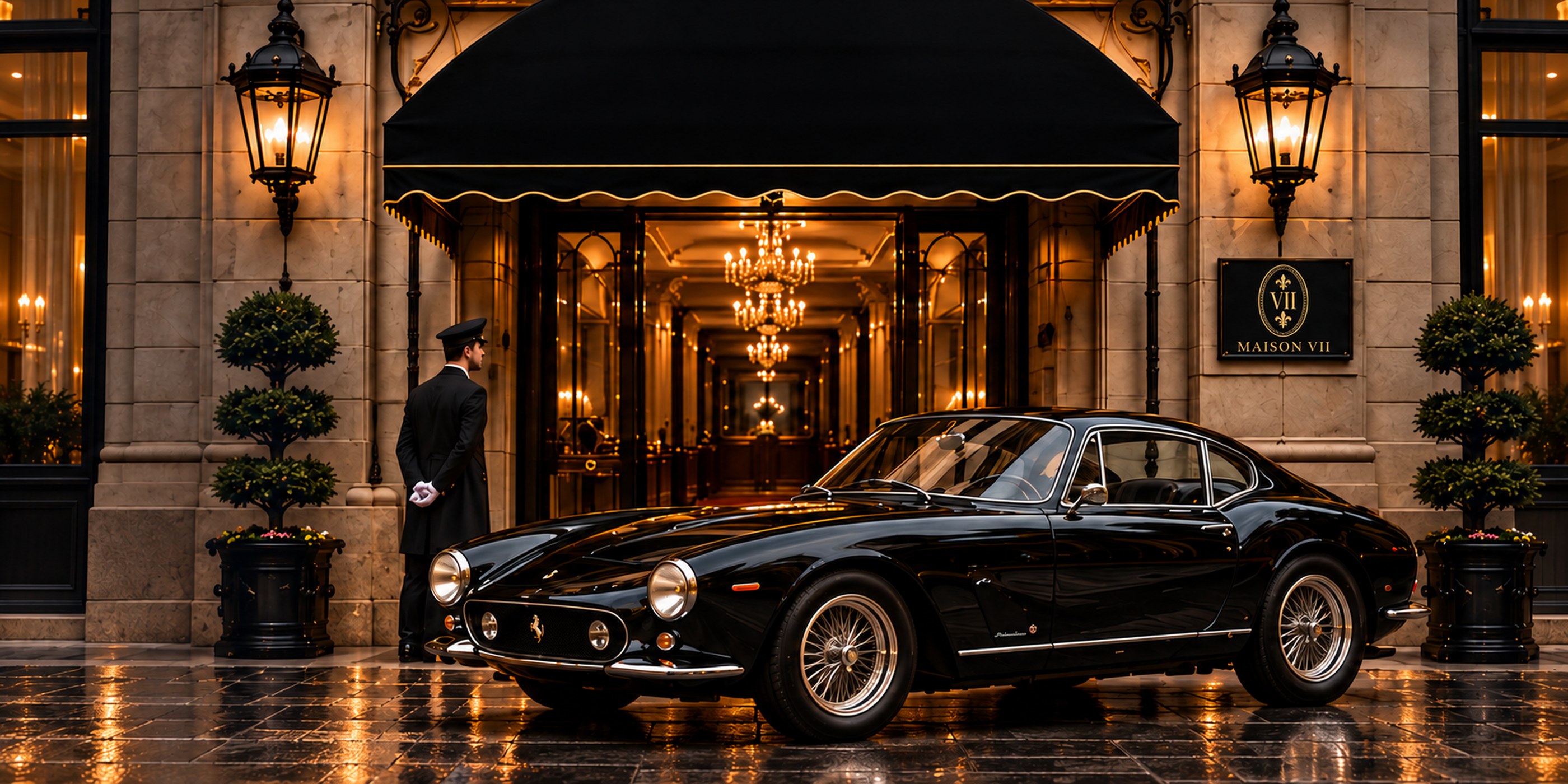 A classic grand tourer waiting at the Maison VII entrance