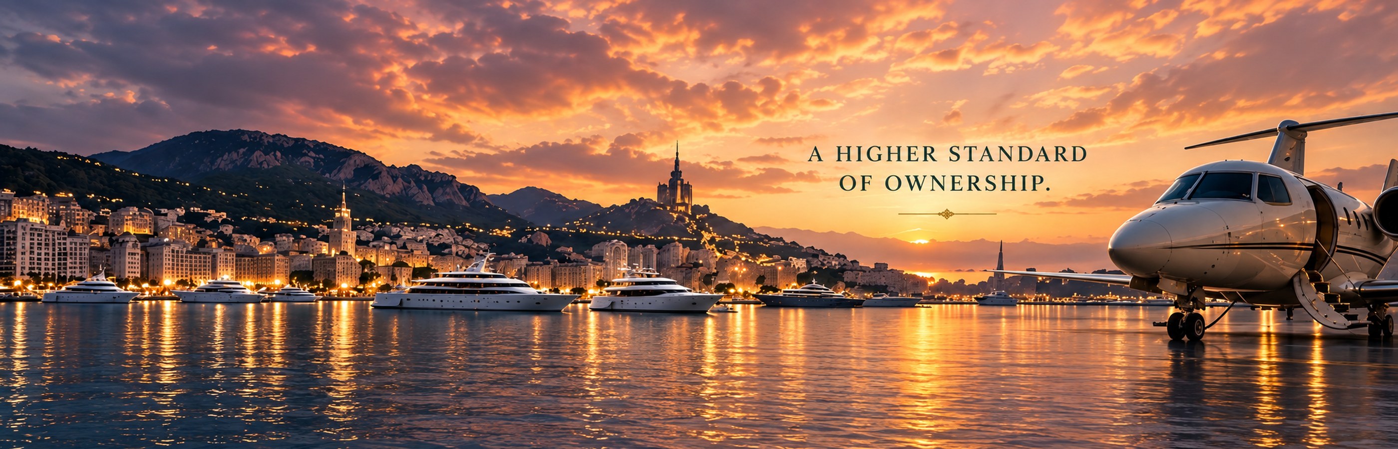 A private jet on the apron at sunset above a harbour of yachts — a higher standard of ownership